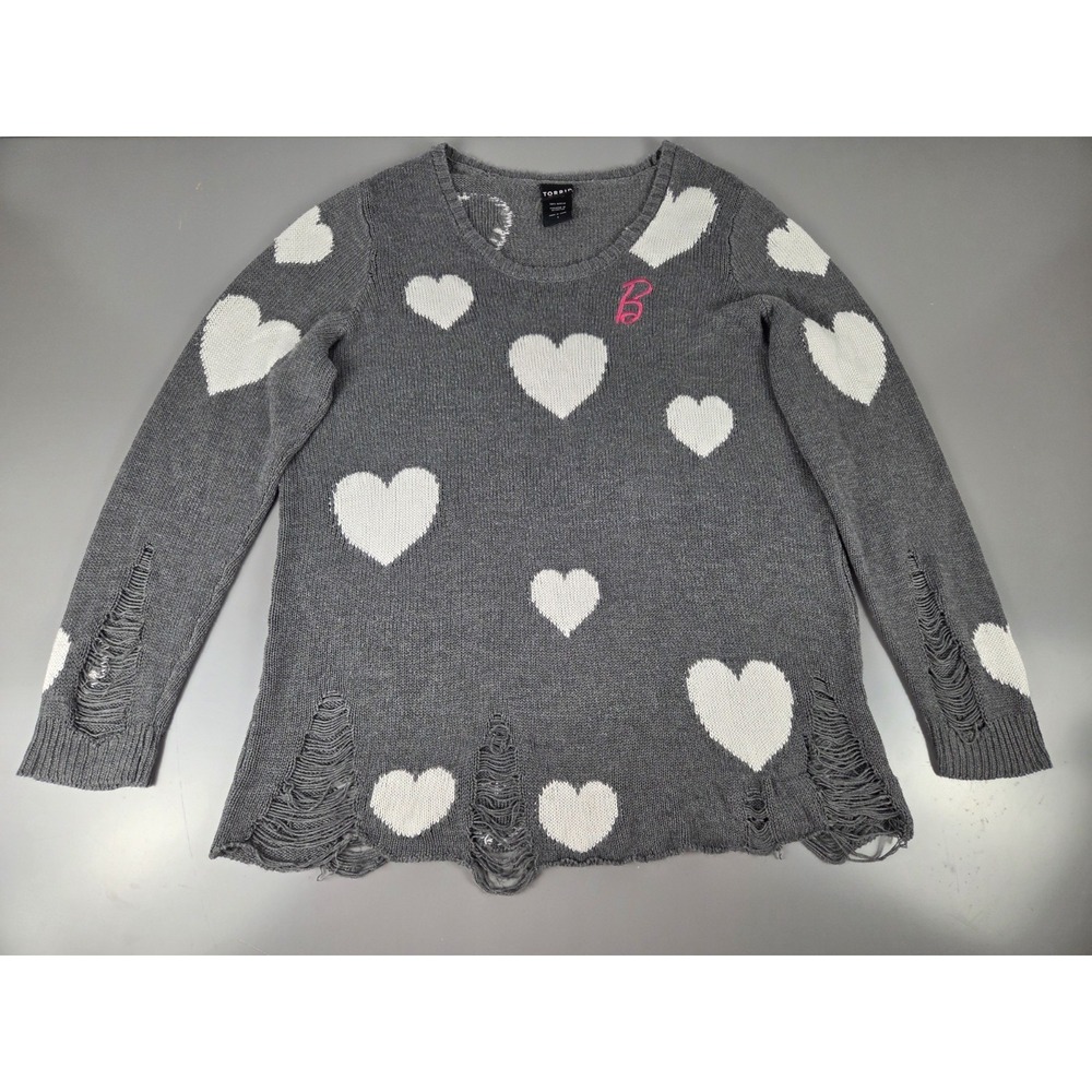Torrid + Barbie Size 1 Grey Knit Sweater White Hearts‎ Destructed Pink B